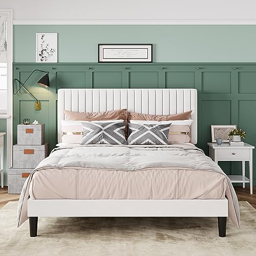 Allewie Queen Bed Frame, Velvet Upholstered Platform Bed with Adjustable Vertical Channel Tufted Headboard, Mattress Foundation with Strong Wooden Slats, Box Spring Optional, White