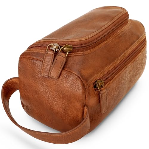 LUXEORIA Premium Handmade Leather Toiletry Bags for Men and Women, Genuine Leather Dopp Kit and Shaving Bag for Men, Travel Cosmetic Bag for Women's and Men's, Retro - COGNAC