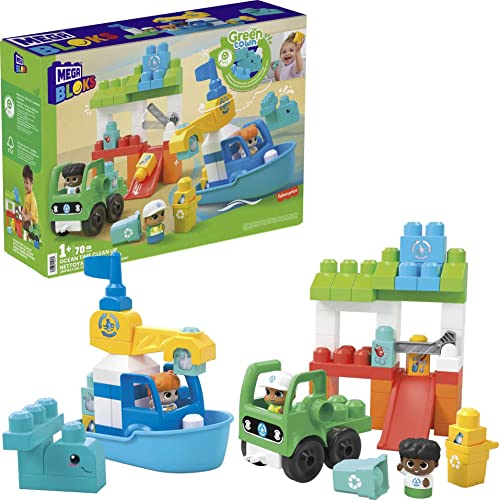 MEGA BLOKS Fisher-Price Preschool Building Toys, Green Town Ocean Time Clean Up with 70 Toddler Blocks, 3 Figures, Kids Age 1+ Years