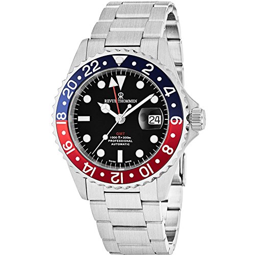 Revue Thommen GMT Professional Men's Stainless Steel Automatic Watch - Swiss Made 42mm Analog Black Face 2nd Time Zone GMT Watch for Men 17572.2135