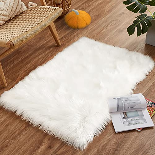 Goolela Faux Fur Rug Throw Small White 2x3 Sheep Skin Fluffy Washable Rug for Bedroom Dorm Bedside Rug Luxury Room Decor, Rectangle