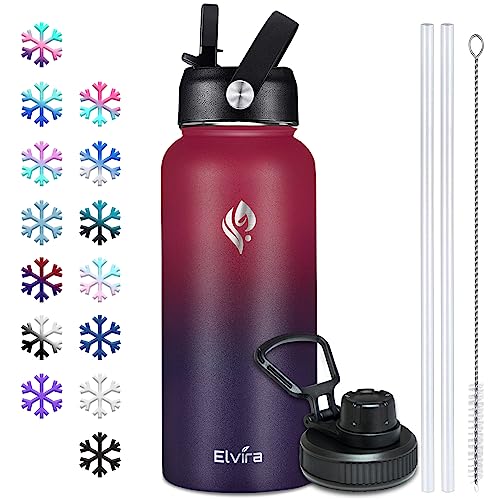 Elvira 32oz Vacuum Insulated Stainless Steel Water Bottle with Straw & Spout Lids, Double Wall Sweat-proof BPA Free to Keep Beverages Cold For 24Hrs or Hot For 12Hrs-Wine Red/Violet Gradient