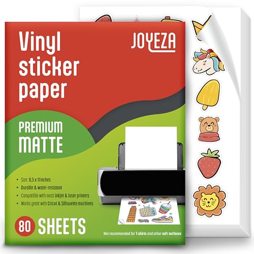 JOYEZA Premium Printable Vinyl Sticker Paper for Inkjet Printer - 80 Sheets Matte White Waterproof, Dries Quickly Vivid Colors, Holds Ink well- Tear Resistant - Inkjet & Laser Printer