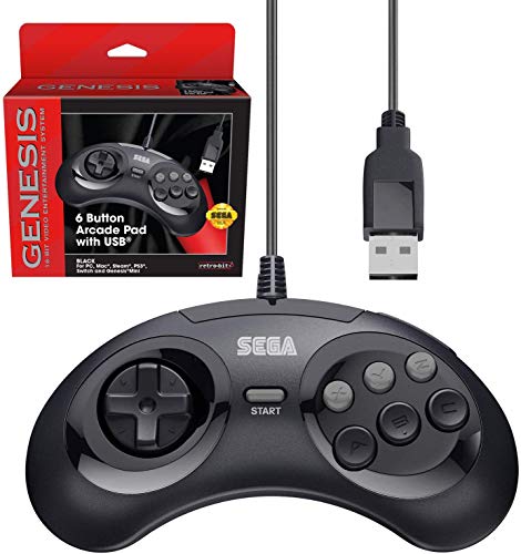 Retro-Bit Official Sega Genesis USB Controller 6-Button Arcade Pad for Sega Genesis Mini, PS3, PC, Mac, Steam, Switch - USB Port - (Black)
