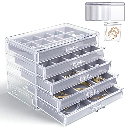 KAMIER Earring Holder Organizer Box with 5 Drawers, Clear Acrylic Jewelry Organizer Box for Women,20 Pcs Portable Clear Jewelry Bag Set for Earrings Ring Bracelet Necklace,Gray