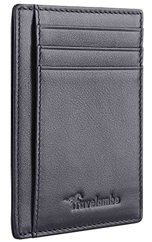 Travelambo Front Pocket Minimalist Leather Slim Wallet RFID Blocking Medium Size（Black Matte）