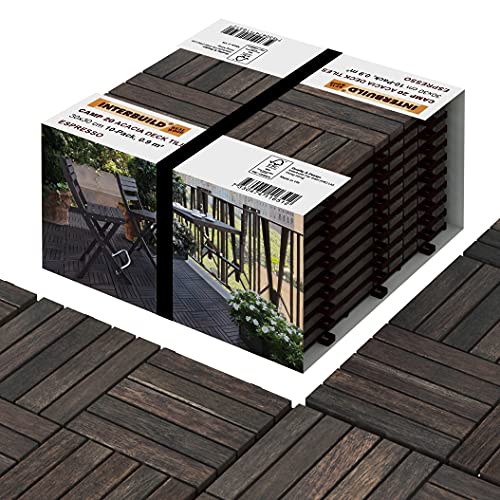 Interbuild Acacia Hardwood Interlocking Patio Deck Tiles, 12' × 12' (Pack of 10), Easy to Install Floor Tile for Both Indoor & Outdoor Use - Espresso