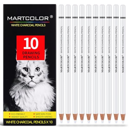 MARTCOLOR White Charcoal Pencils for Drawing, Professional 10 Pieces White Colored Pencils for Sketching, Shading, Blending, White Chalk Pencils for Beginners & Artists