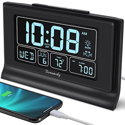 DreamSky Alarm Clocks for Bedrooms with Battery Backup, Auto Set Digital Clock with Date and Day of Week, Temperature, USB Port, Auto DST, Dimmer, 12/24H
