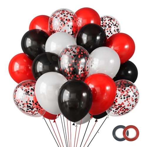 RUBFAC 65pcs 12 Inches Red Black White Balloons Kit, Black Red White Confetti Party Balloons with Ribbons for Birthday, Wedding, Baby Shower, Graduation Decorations