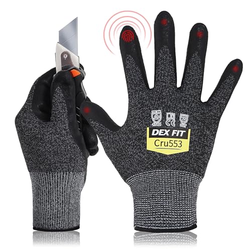 DEX FIT Level 5 Cut Resistant Gloves Cru553-3D-Comfort Fit, Firm Grip, Thin & Lightweight, Touchscreen Compatible, Durable, Breathable, Machine Washable; Black Grey S (7) 1 Pair