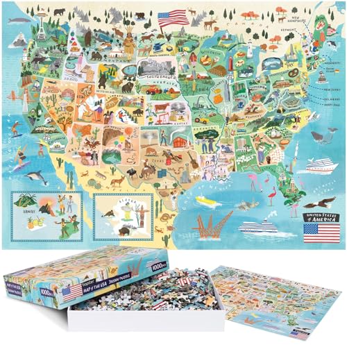 Puzzles for Adults 1000 Pieces - Illustrated US Map Puzzle - United States 1000 Piece Puzzle for Adults and Kids Puzzles - 100% Recycled Cardboard USA Jigsaw by bopster