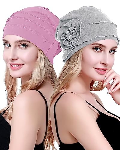 osvyo 2 Pieces Cotton Chemo Hat Beanie Headwear for Women-Soft Cap Cancer for Hair Loss Gift Sealed Packaging Light Grey-Mix