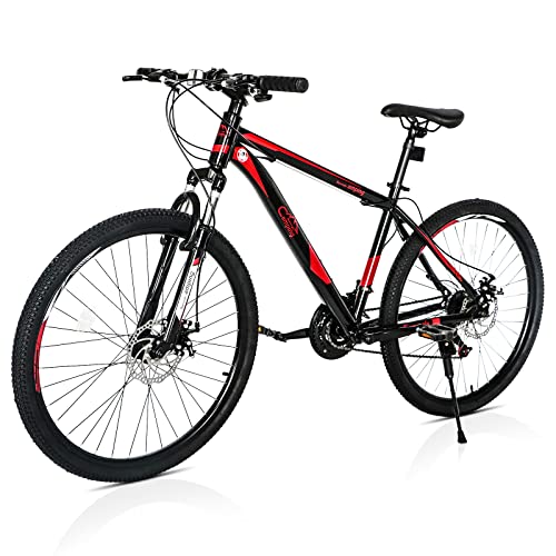 Ktaxon Mountain Bike 26 Inch Men & Women Mountain Bike 21-Speed Adult Bikes, Double Disc Brake, Suspension Fork,High Carbon Steel Frame (Black/Red)