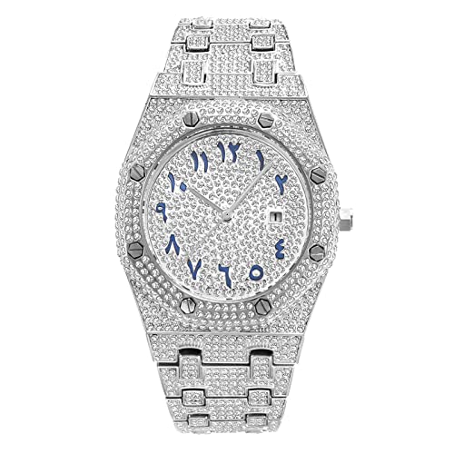 ICEDIAMOND CZ Diamond Charm Quartz Wrist Watch, Iced Out Bright Zircon Stones 43mm Calendar Dial Hip Hop Trend Jewelry Watch for Men (White)