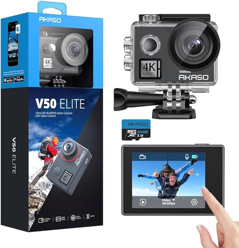 AKASO V50 Elite 4K60fps Touch Screen WiFi Action Camera Voice Control EIS 131 feet Waterproof Camera 8X Zoom Remote Control (with 64GB MicroSD Card)