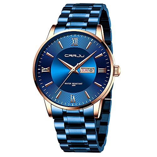 CRRJU Luxury Dress Men's Waterproof Japan Movement Quartz Watches,Elegant Calendar Blue Solid Stainsteel Steel Band Round Watch