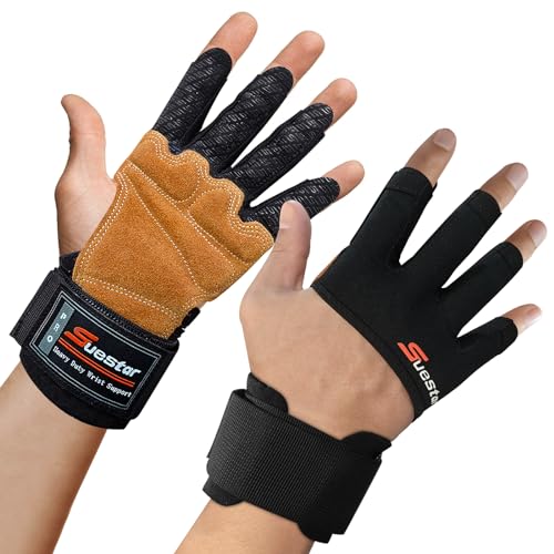 SueStar Weight Lifting Gloves, Workout Gloves Heavy Duty Cowhide Padded with Wrist Wraps Support, Full Palm Protection & Silicone Grips Gym Gloves for Weightlifting, Deadlifts, Exercise (Large)