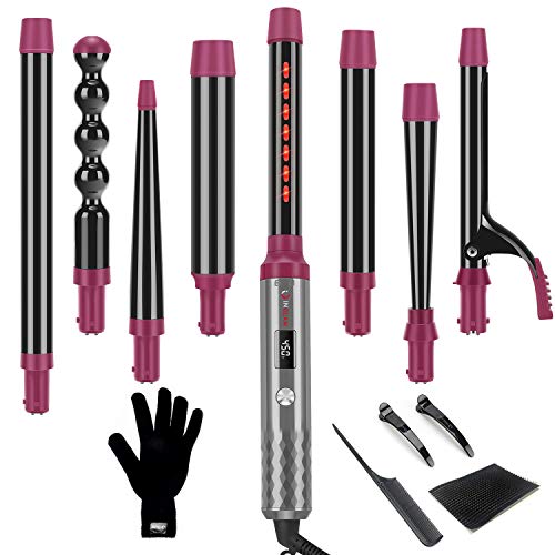 IG INGLAM Professional 8-in-1 Curling Iron Wand Set, Instant Heat Up Hair Curler with 8 Interchangeable Ceramic Barrels (0.5''-1.25''), Adjustable Temperature for All Hair Types, Rock Grey & Purple
