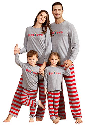 IFFEI Family Matching Pajamas Set Christmas PJ's Sleepwear Believe Printed Top and Striped Bottom with Pocket Women: L Grey-red