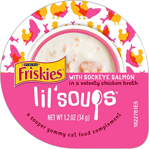 Purina Friskies Natural, Grain Free Wet Cat Food Lickable Cat Treats, Lil' Soups With Sockeye Salmon in Chicken Broth - (Pack of 8) 1.2 oz. Cups