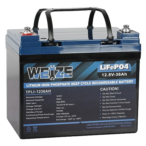 WEIZE 12V 36Ah LiFePO4 Lithium Battery, Built in BMS Group U1 Deep Cycle Low Temperature Protection Rechargeable Battery, 2000+ Life Cycles, Perfect for Marine, Solar, Kids Scooters, Power Wheels