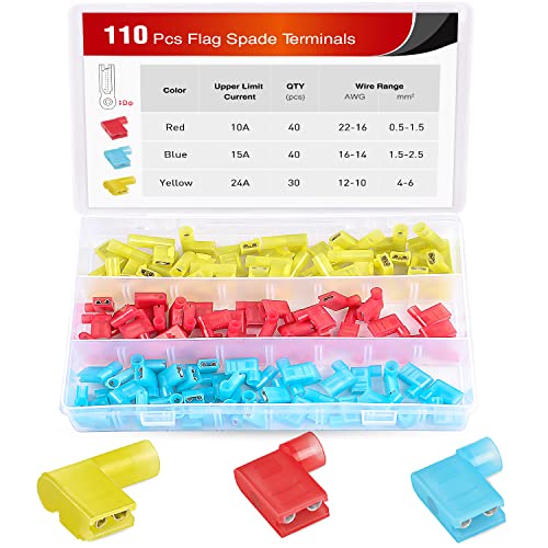 Nilight 50047R 110pcs Nylon Flag Spade Female Insulated Quick Disconnects 22-18 16-14 12-10 Gauge Flag Spade Electrical Crimp Terminals Connector Assortment Set