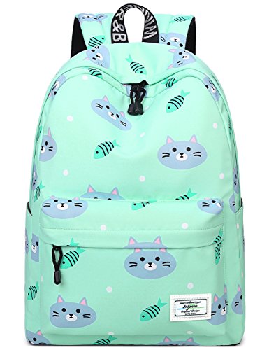 mygreen Bookbags for Teens, Cute Cat and Fish Laptop Backpack School Bags Travel Daypack Handbag Green