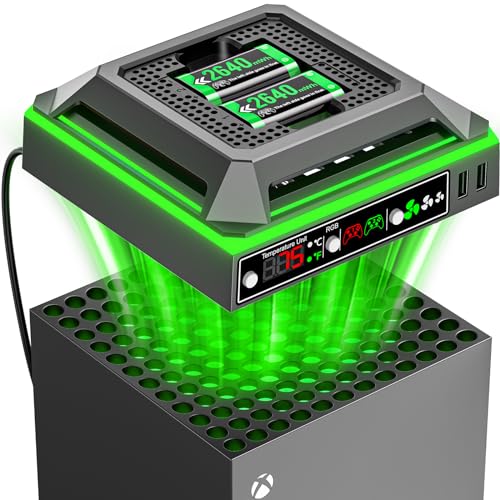 Cooling Fan for Xbox Series X Console with RGB Light, Charger Station with 2 x 2640 mWh Rechargeable Battery Packs for Xbox Series/One-X/S/Elite Controller, Xbox Series X Fan with 3 Gear, TEMP Display