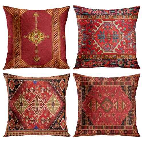 Britimes Throw Pillow Covers Geometric Kilim Moroccan Home Decor Set of 4 Oriental Ikat Pillow Cases Living Room Decorative 18 x 18 Inches Cushion Couch Sofa Pillowcases Colorful Red Tribal