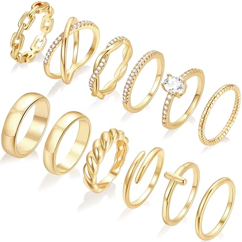 FAXHION 12 PCS Dainty 14K Gold Rings for Women, Open Chunky Twist Simulated Ring Set, Non Tarnish Gold Plated Stacking Thumb Jewelry Ring Size 5-11 (8)