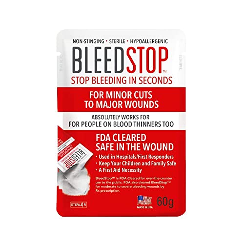 BleedStop First Aid Powder for Blood Clotting, Trauma Kit, Blood Thinner Patients, Camping Safety, and Survival Equipment for Moderate to Severe Bleeding Wounds or Nosebleeds - 1 (60g) Pouch