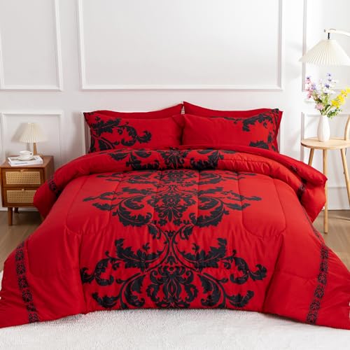 A Nice Night Boho Paisley Black Flower Soft Microfiber Comforter Set, Red Queen Modern Luxury Design Hotel Style All Season Comforter Set with Pillow Cases