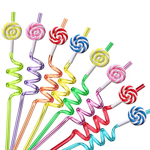 Candyland Party Supplies Drinking Plastic Straws Reusable 24 for Kids Sweet Candy Lollipop Birthday Party Favors with 2 Cleaning brush