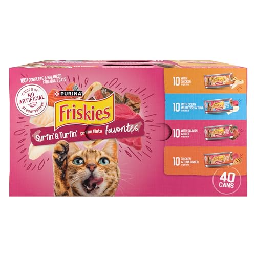 Purina Friskies Wet Cat Food Variety Pack, Surfin' & Turfin' Prime Filets Favorites - (Pack of 40) 5.5 oz. Cans