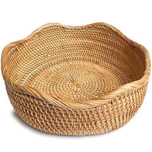 HITOMEN Handmade Rattan Bread Baskets Round Wicker Fruit Serving Storage Bowls, Natural Woven Decorative Kitchen Counter Organizing (Honey Brown) L-11.5''