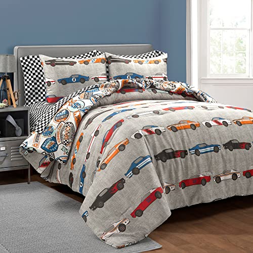 Lush Decor Race Cars Reversible Oversized With Printed Sheet 7 Piece Comforter Set, Full, Blue & Orange