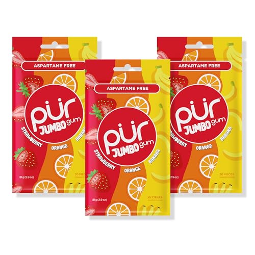 PUR Jumbo Gum | Aspartame Free Chewing Gum | 100% Xylitol | Natural Strawberry, Banana, Orange Flavor, 20 Pieces (Pack of 3)
