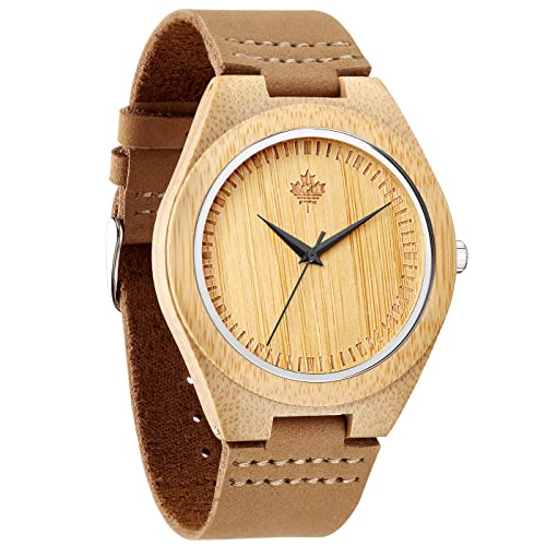Tamlee Bamboo Wood Watch with Cow Leahter Strap Quartz Analog Unisex Wooden Wristwatch