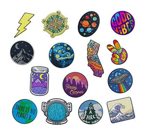 RipGrip Large Assorted Set of 15 Aesthetic and Cool Outdoors Iron On Patches for Jackets Backpacks Jeans and Clothes | Each Embroidered Patch is Durable and Sticks to All Fabrics (Set 2)