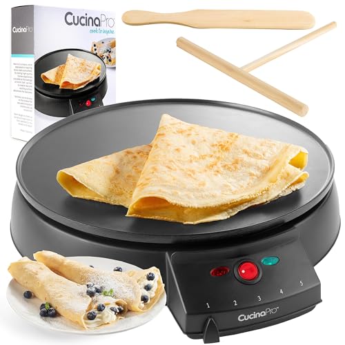 12' Griddle & Crepe Maker, Non-Stick Electric Crepe Pan w Batter Spreader & Recipe Guide- Dual Use for Blintzes Eggs Pancakes, Portable, Adjustable Temperature Settings - Holiday Breakfast or Dessert
