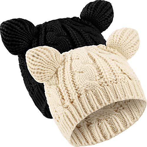 Cat Ear Beanie Hats Cute Cat Knitted Hat Winter Knit Cable Hat for Women Girls (Black and Beige, 2 Pieces)