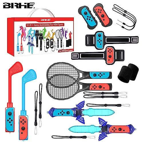 BRHE Nintendo Switch Sports Accessories12 in 1 Nintendo Sports Accessories Bundle for Switch Sports Games,Family Accessories Kit for Switch/OLED Sports Games:Golf Clubs,Tennis Rackets,Sword Grips