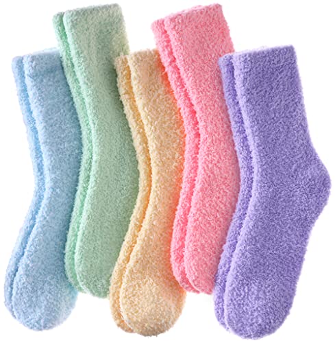 FNOVCO Womens Fuzzy Socks Cozy Soft Fleece Fluffy Warm Slipper Socks Winter Plush Crew Socks for Women 6 or 5 Pairs (5 Pairs Candy Color)