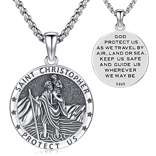 Odinstone St Christopher Medal For Men Womens St Christopher Pendant Medal 925 Sterling Silver Round Catholic Amulet Protect Us Jewelry Gifts