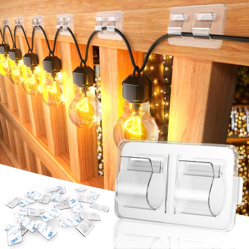 Hooks for Outdoor String Lights Clips: 54Pcs Heavy Duty Cable Clips with Waterproof Adhesive Strips for Hanging Christmas Light - Outside UV-Resistant Clear Sticky Cord Holders Rope Organizer