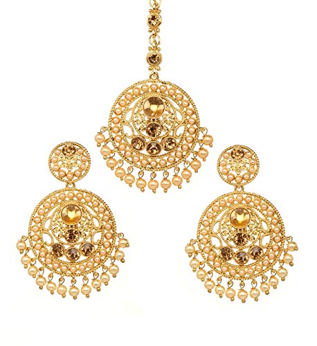 Bindhani Rhinestone & Faux Pearl Drop Round Head Piece Maang Tikka With Indian Earrings For Women (Gold)