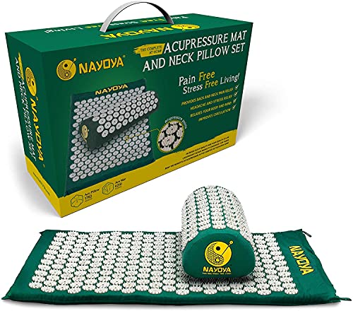 NAYOYA Neck and Back Pain Relief - Acupressure Mat and Neck Pillow Set - Relieves Stress and Sciatic Pain for Optimal Health and Wellness - Comes in a Carry Box with Handle for Storage and Travel