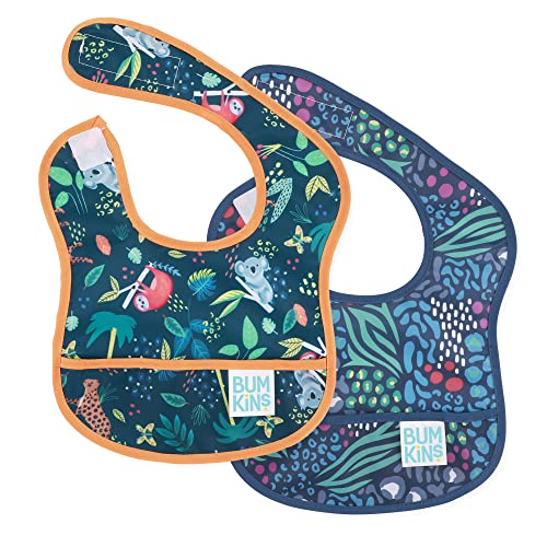 Bumkins Bibs, for Baby Girl or Boy, Infant 3-9 Months, Essential Must Have for Eating, Feeding, Baby Led Weaning Supplies, Mess Saving Waterproof Soft Fabric, Starter Bib 2-pk Jungle and Animal