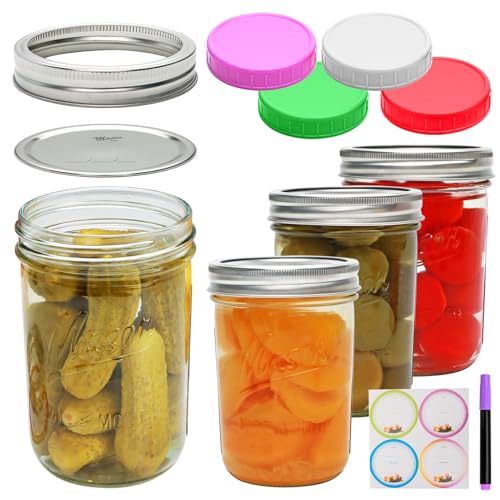 Woaiwo-q 4 Pack Wide Mouth Mason Jars 16oz, Mason Jars with Metal Airtight Lids and Bands - For Canning, Fermenting, Pickling - Jar Décor/Microwave/Freeze/Dishwasher Safe